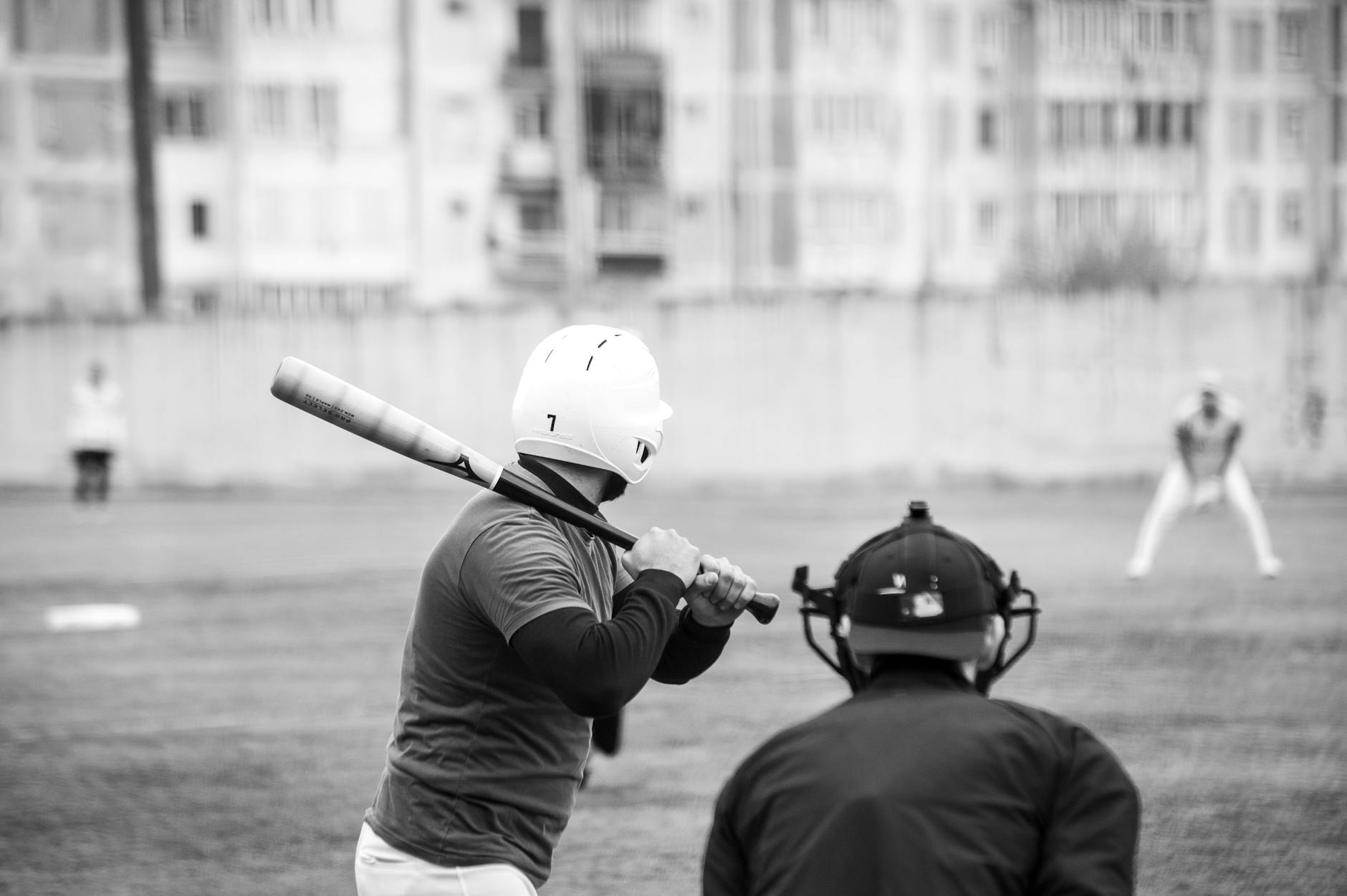 black and white baseball game action scene